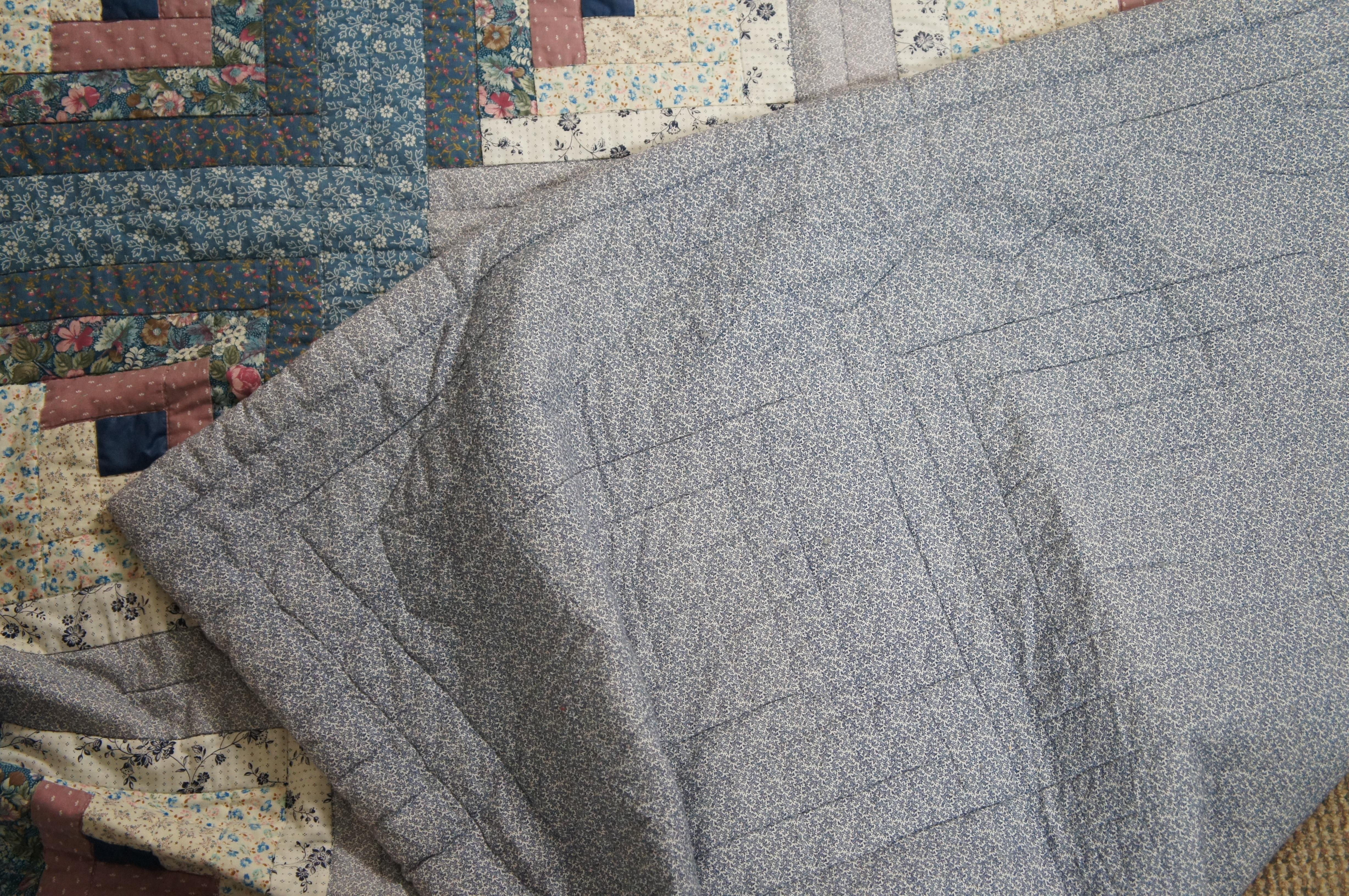 Vintage Log Cabin Stitched Geometric Floral Quilt Blanket Bedspread 94
