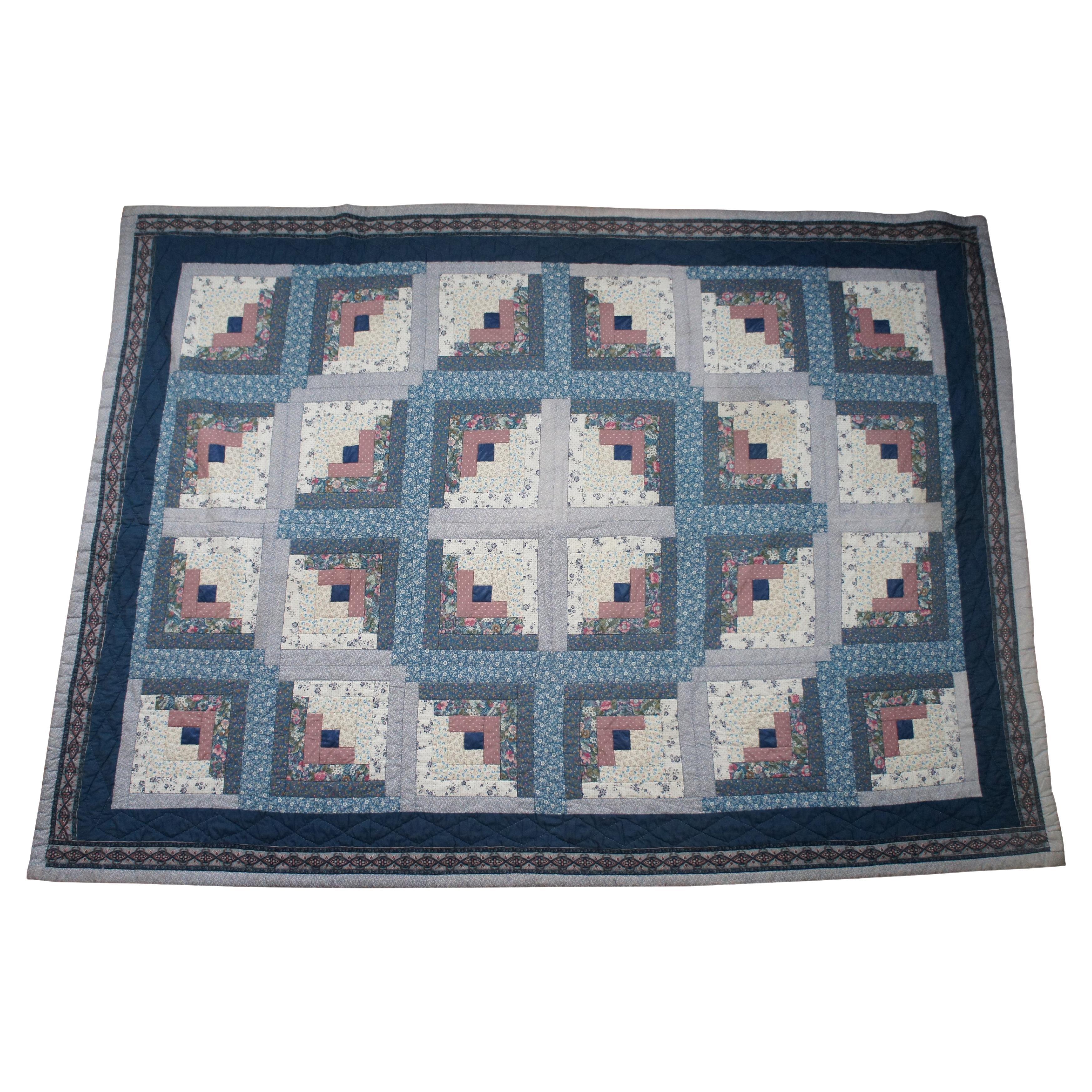 Vintage Log Cabin Stitched Geometric Floral Quilt Blanket Bedspread 94"