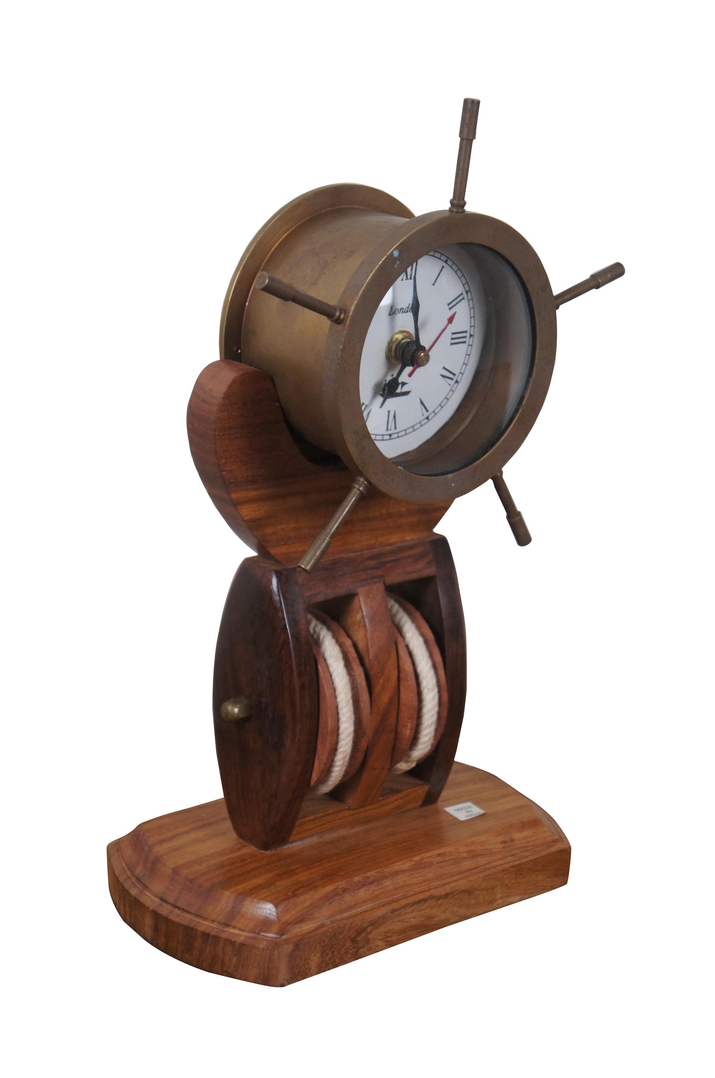 Vintage London Brass Nautical Maritime Ships Wheel Pulley Desk Clock 12