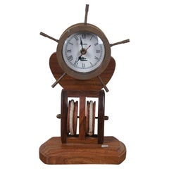 Vintage London Brass Nautical Maritime Ships Wheel Pulley Desk Clock 12"