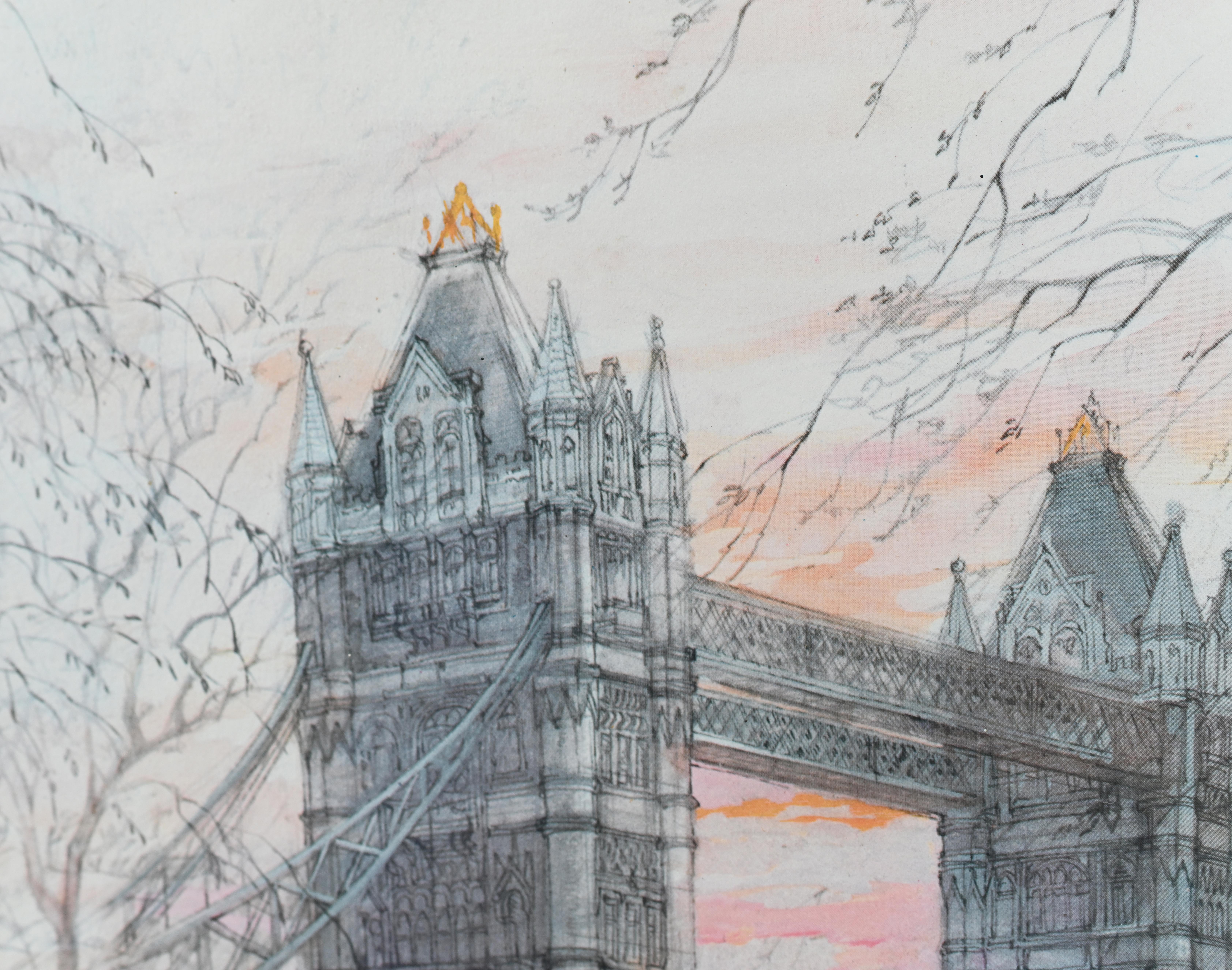 Vintage London Tower Bridge Druck Kohlezeichnung Themse im Zustand „Gut“ im Angebot in Potters Bar, GB
