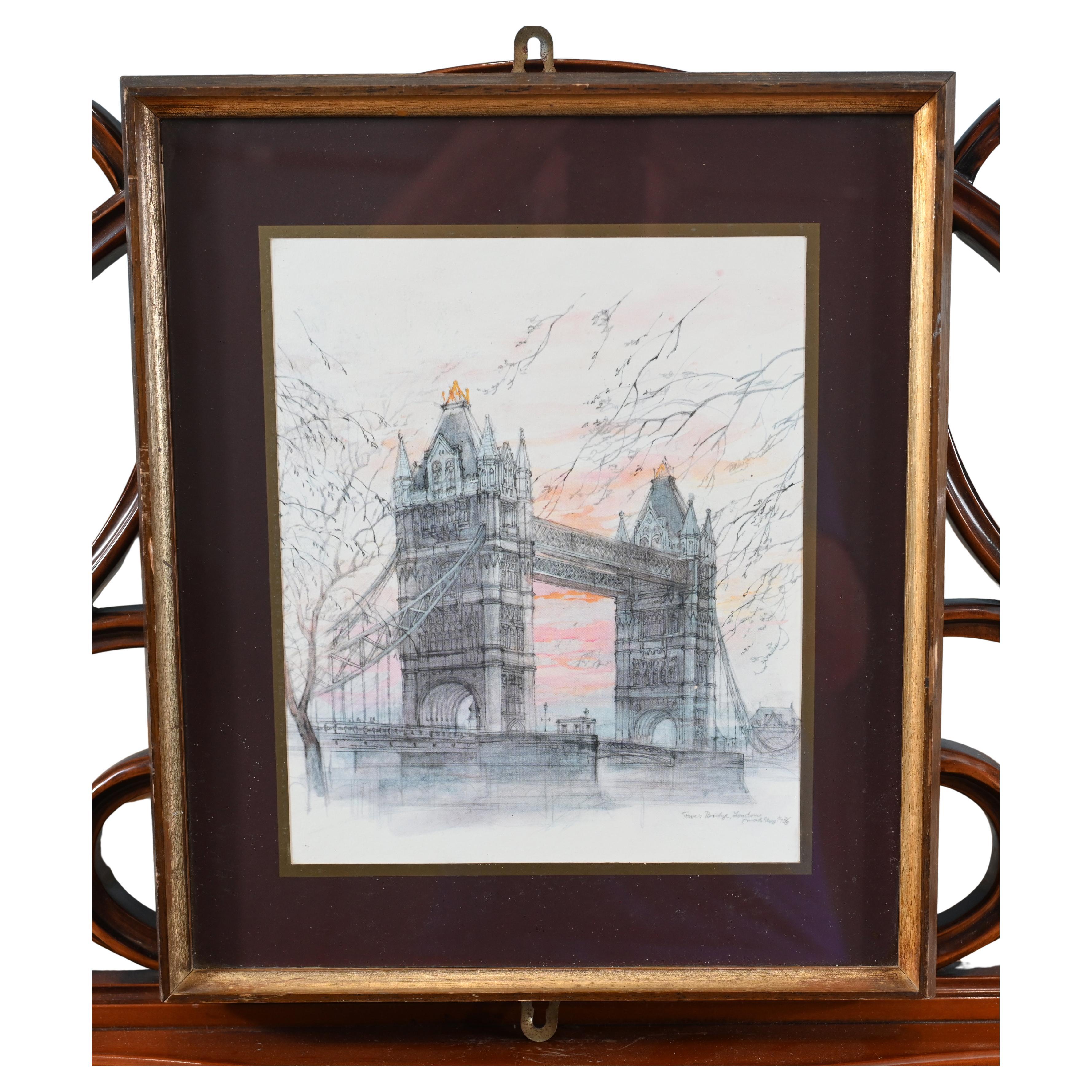 Vintage London Tower Bridge Print Charcoal Drawing Thames