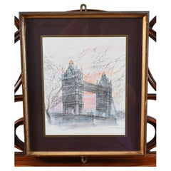 Vintage London Tower Bridge Print Charcoal Drawing Thames