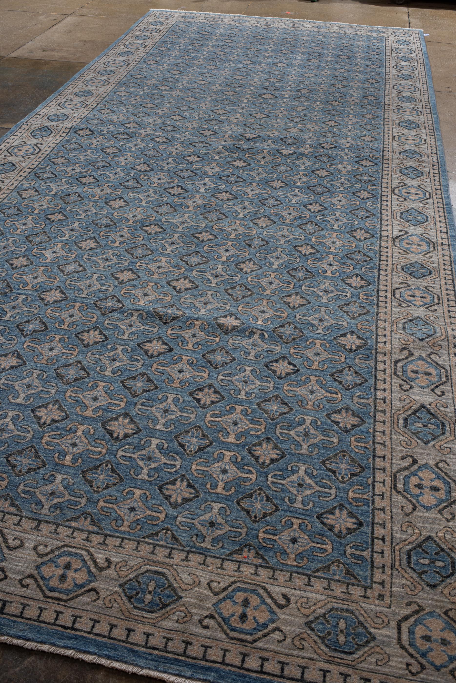 Chinese Vintage Long and Narrow Khotan with Blue Medallions  For Sale
