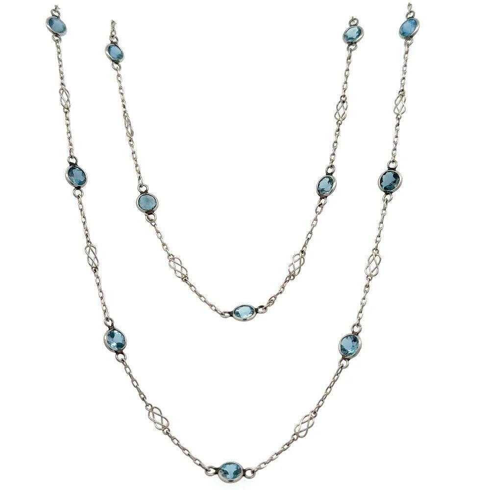 Modern Vintage Long Aquamarine Gemstone Platinum Link Chain Statement Necklace For Sale