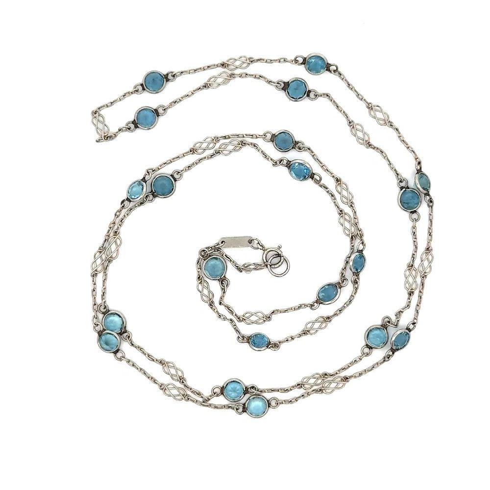 Round Cut Vintage Long Aquamarine Gemstone Platinum Link Chain Statement Necklace For Sale