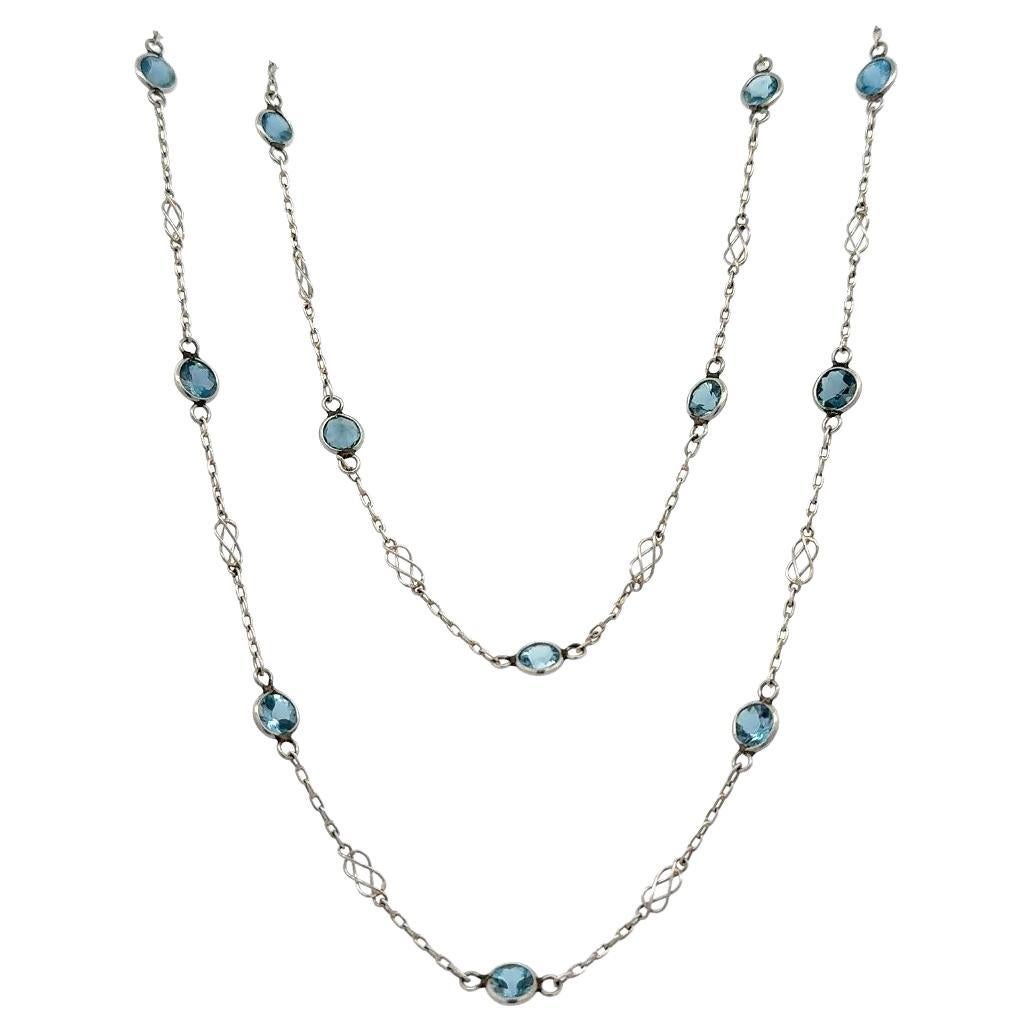 Vintage Long Aquamarine Gemstone Platinum Link Chain Statement Necklace For Sale