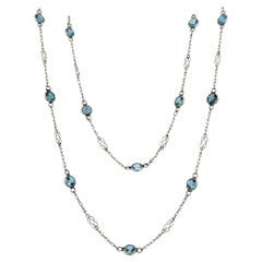 Vintage Long Aquamarine Gemstone Platinum Link Chain Statement Necklace