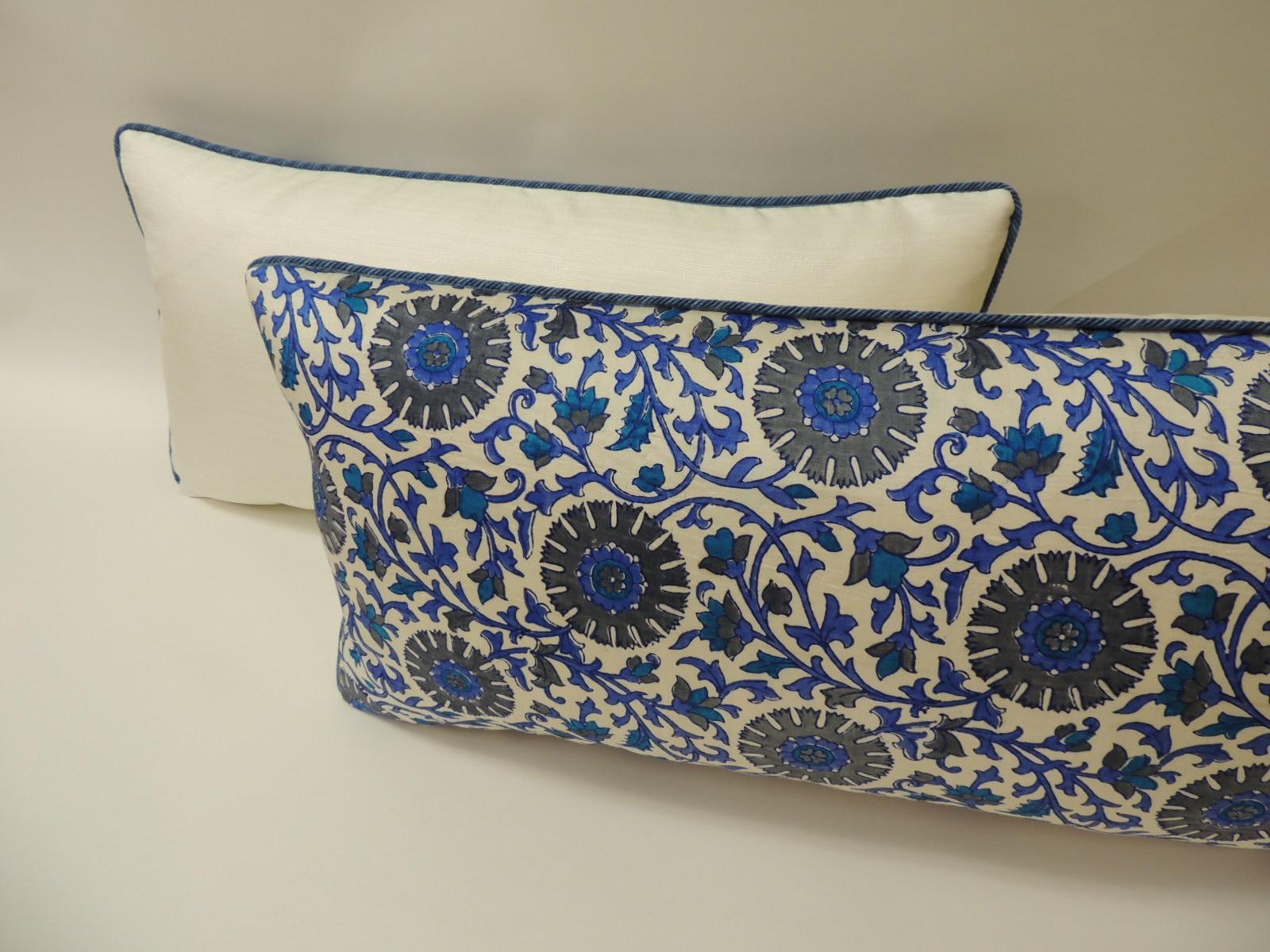 Vintage Long Blue and White Silk Floral Bolster Decorative Pillow In Good Condition In Oakland Park, FL