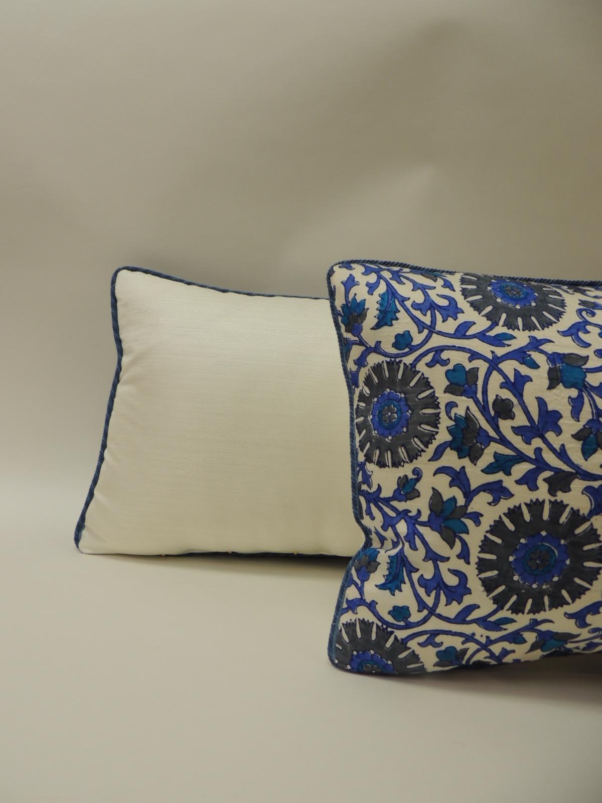 Late 20th Century Vintage Long Blue and White Silk Floral Bolster Decorative Pillow