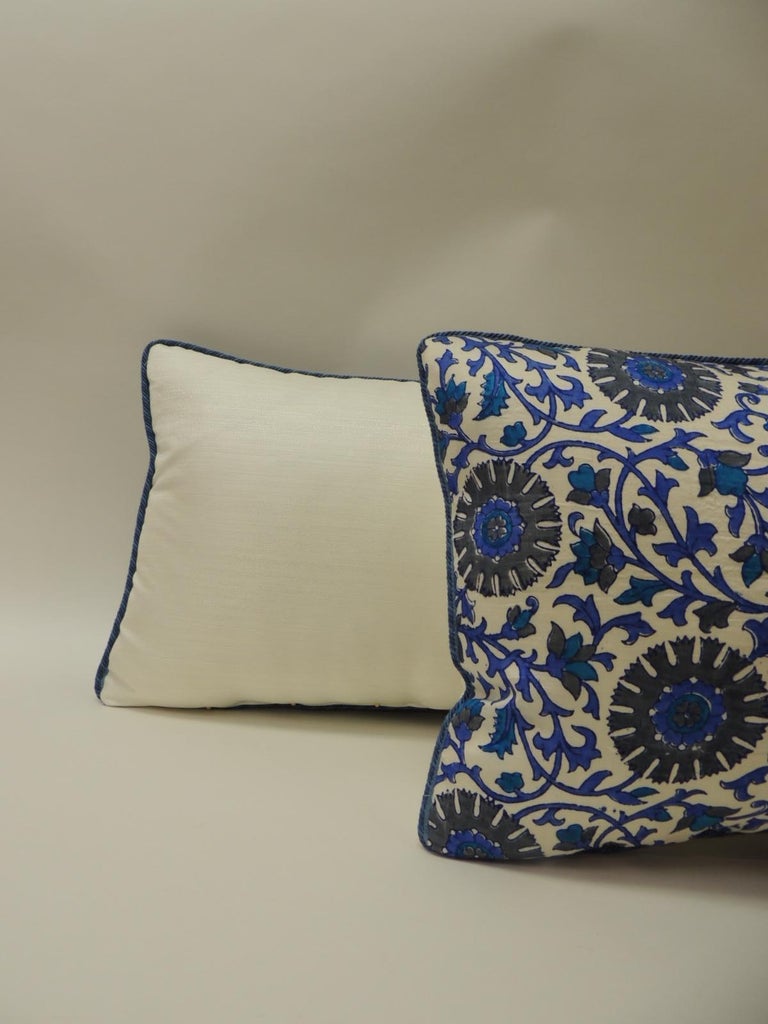 Vintage Long Blue and White Silk Floral Bolster Decorative Pillow at