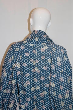 Vintage Long Blue Kimono with Rose Detail