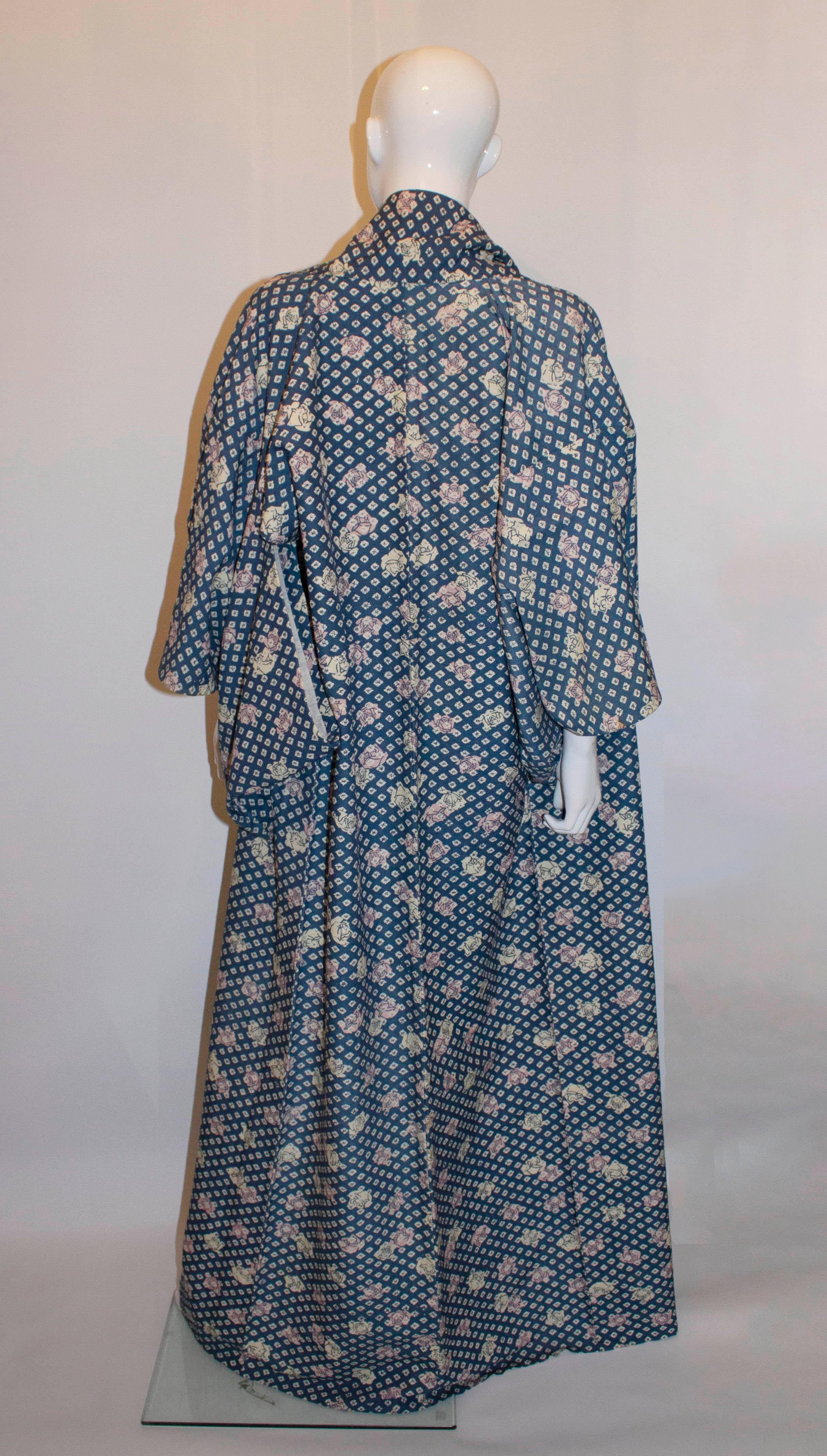 Women's or Men's Vintage Long Blue Kimono with Rose Detail For Sale