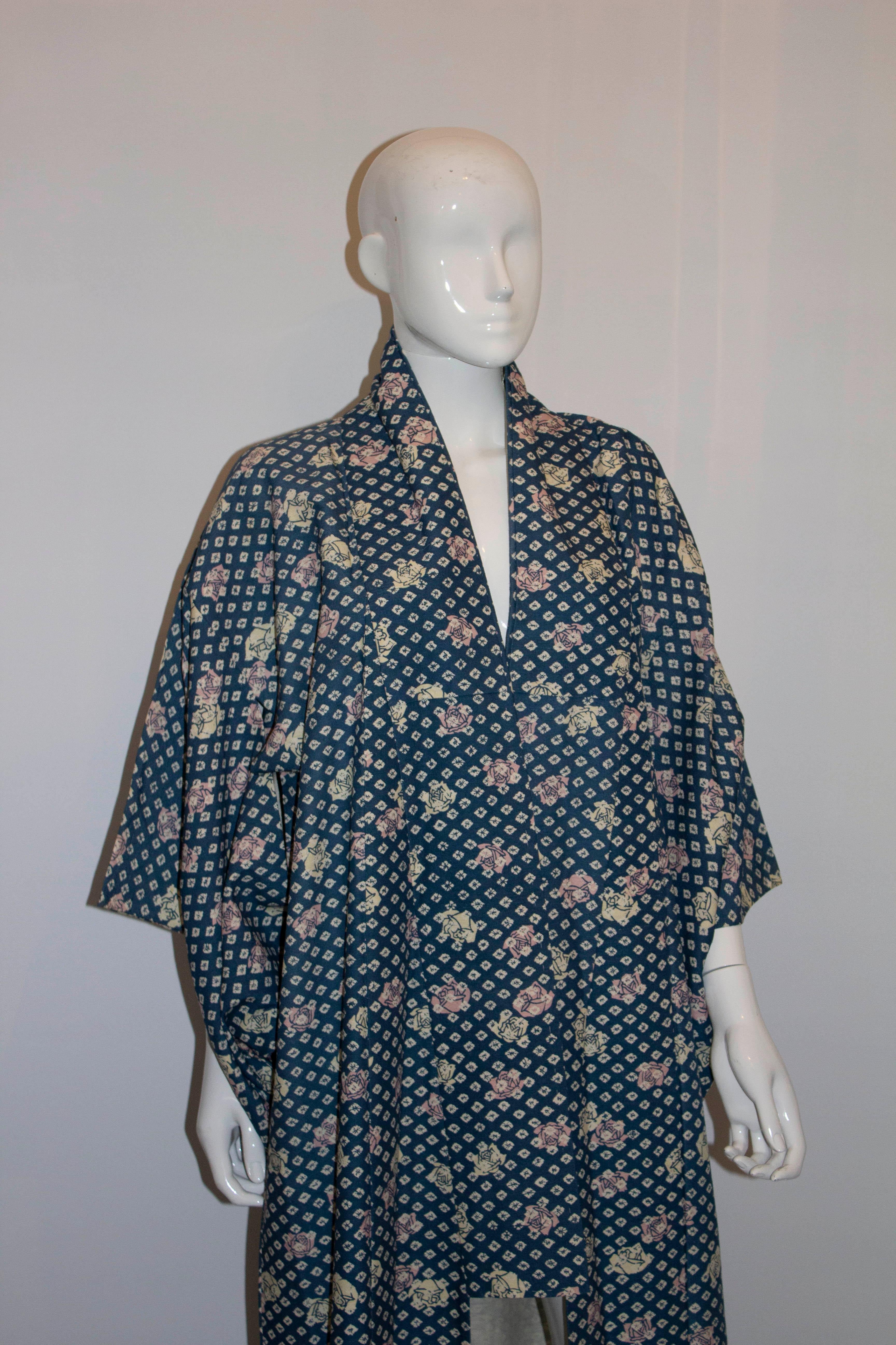 Vintage Long Blue Kimono with Rose Detail For Sale 1
