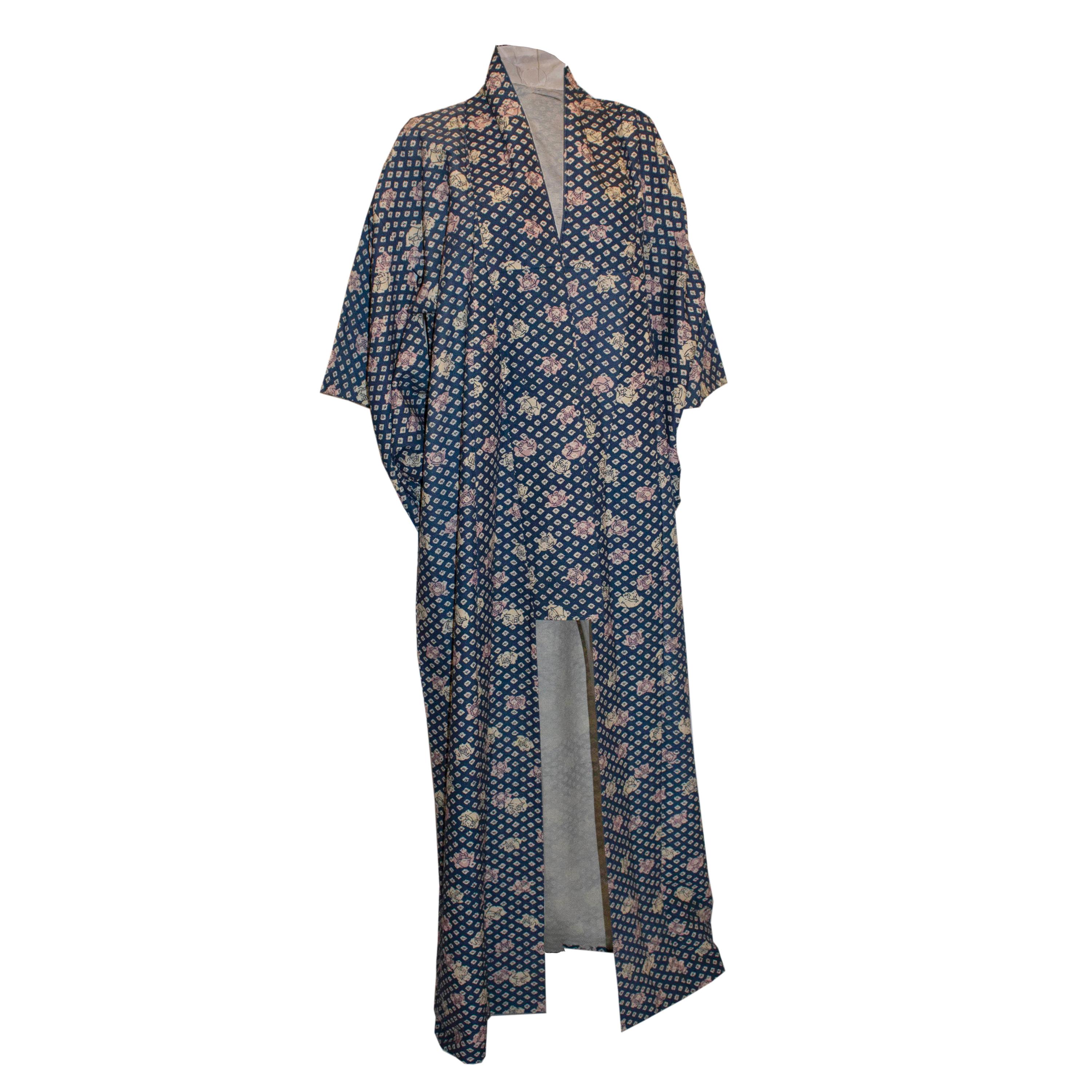 Vintage Long Blue Kimono with Rose Detail For Sale
