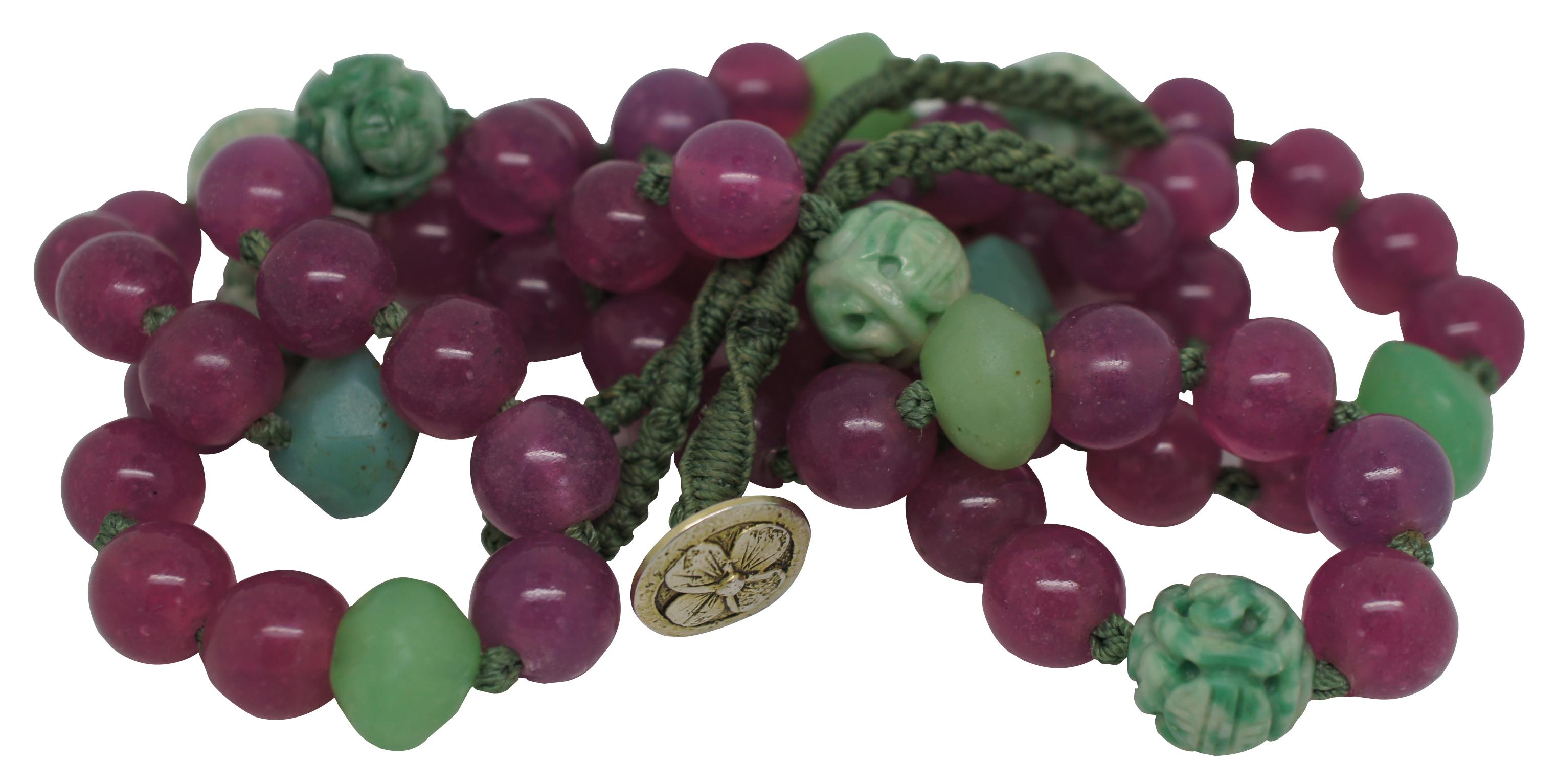 Chinoiserie Vintage Long Carved Chinese Dragon Jade & Pink Glass Bead Prayer Necklace