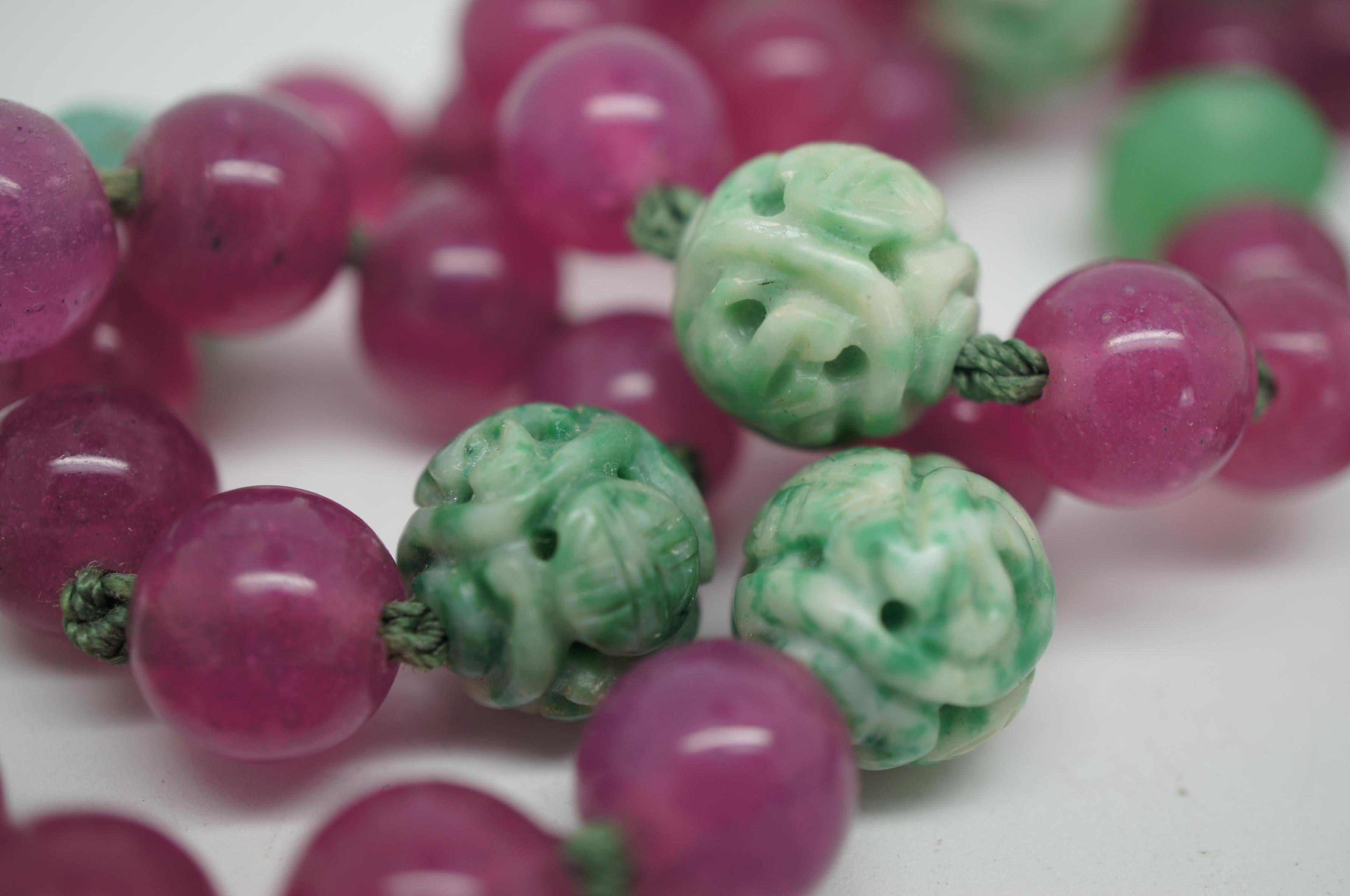 Vintage Long Carved Chinese Dragon Jade & Pink Glass Bead Prayer Necklace 1