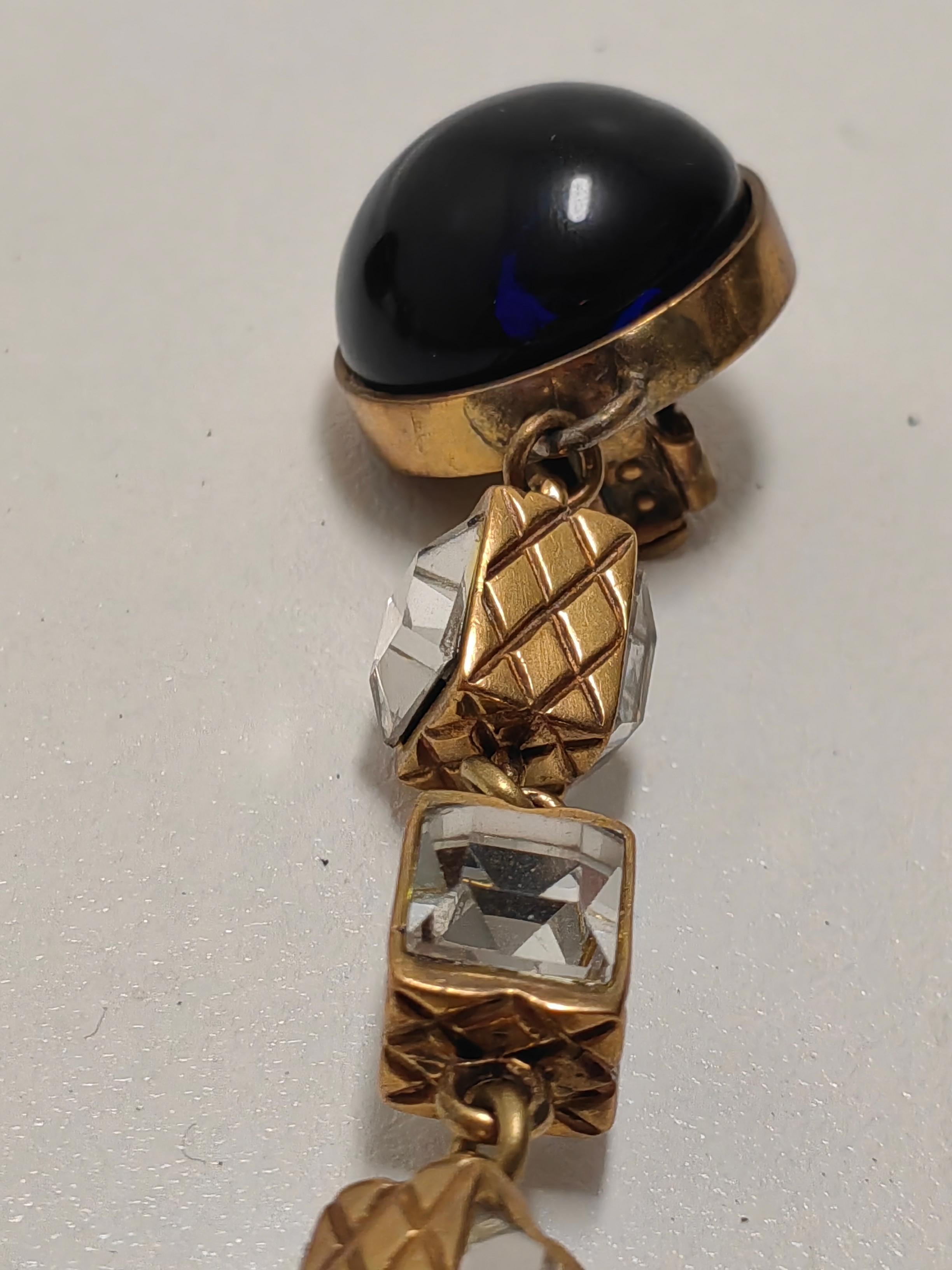 Vintage Long Chanel Beaded Earrings with Blue Gripoix and Rhinestones For Sale 7