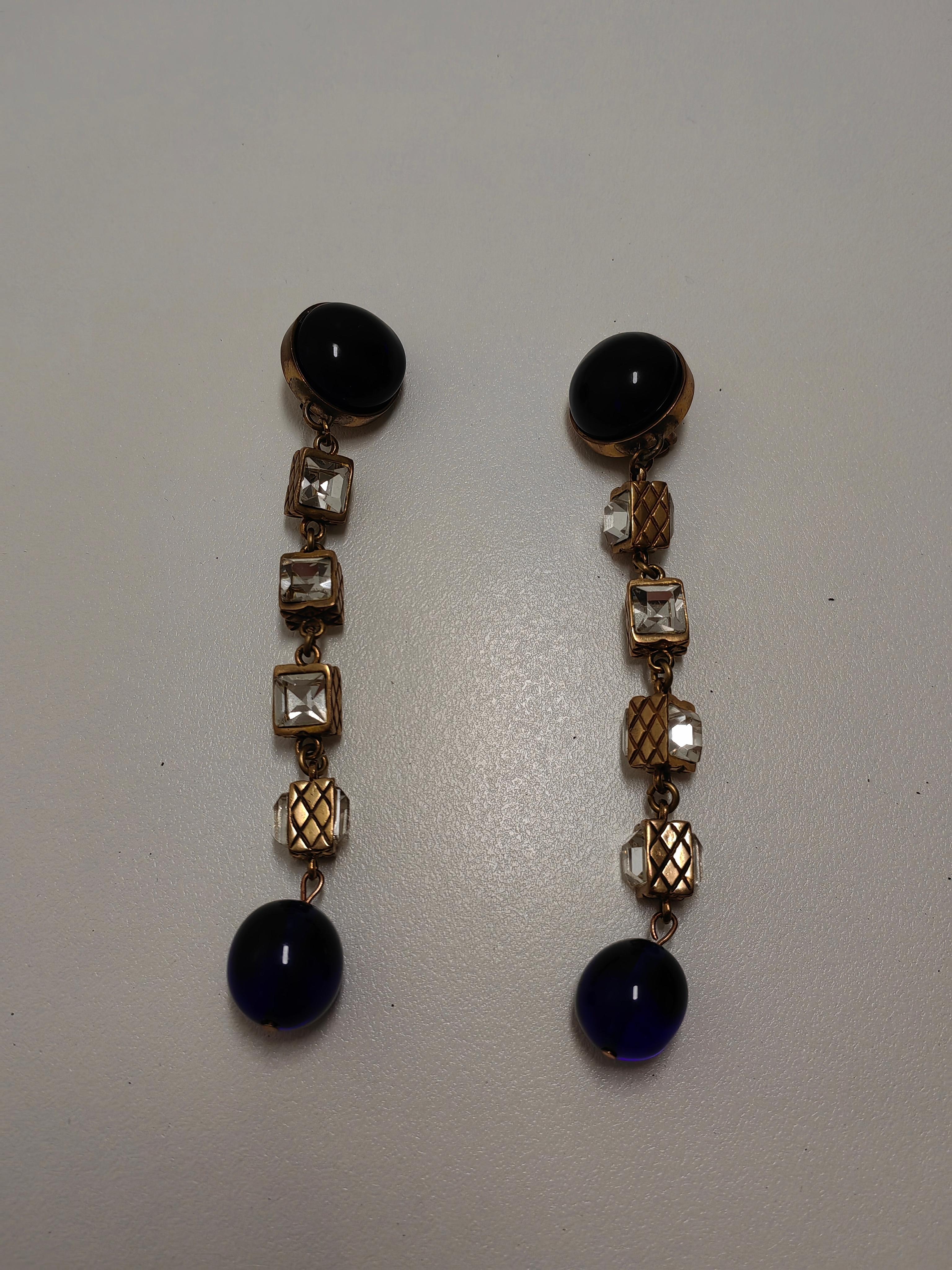 Vintage Long Chanel Beaded Earrings with Blue Gripoix and Rhinestones For Sale 2