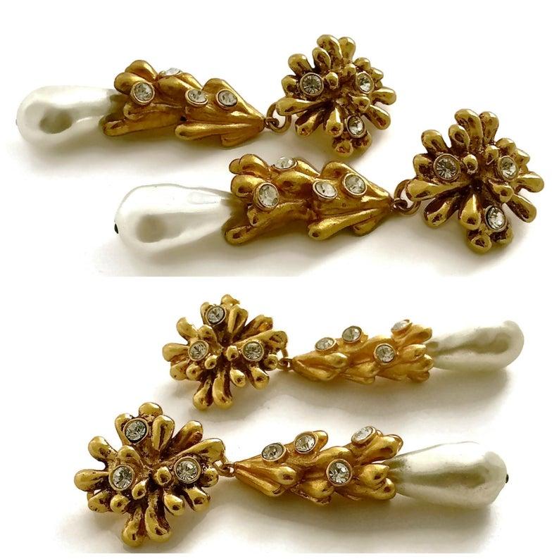 Women's Vintage Long CHRISTIAN LACROIX Anemone Coral Rhinestones Pearl Drop Earrings