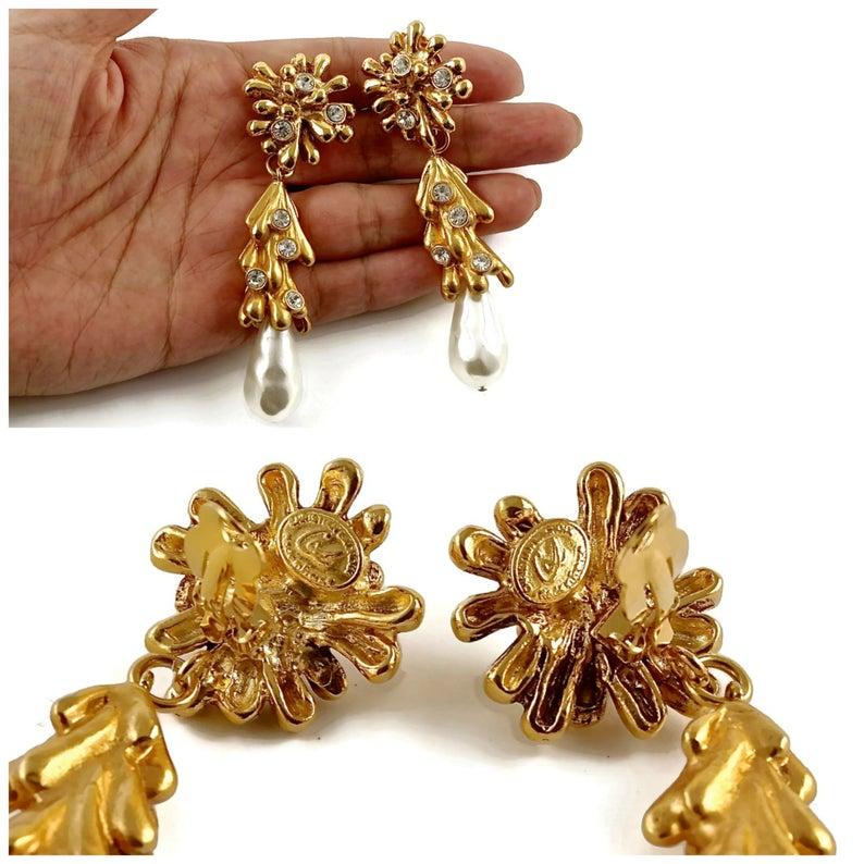 Vintage Long CHRISTIAN LACROIX Anemone Coral Rhinestones Pearl Drop Earrings 1