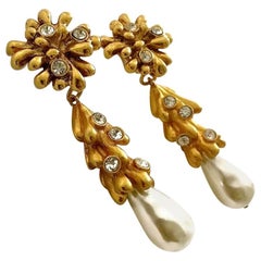 Vintage Long CHRISTIAN LACROIX Anemone Coral Rhinestones Pearl Drop Earrings