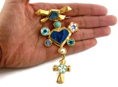 Vintage Long CHRISTIAN LACROIX Gingham Floweret Bow Heart Cross Brooch