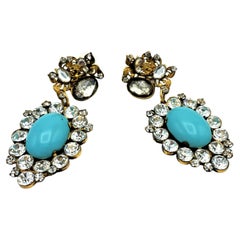 Vintage long clip-on earring signed deLillo USA 1940/50, rhinestones and türkis