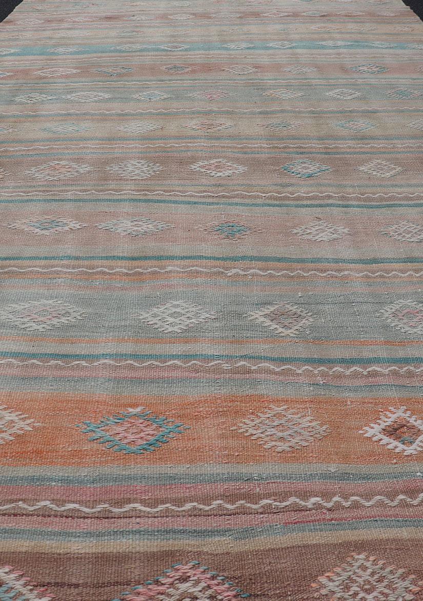 Vintage Long Colorful Kilim Gallery Rug with Stripe Design in Soft Colors For Sale 3