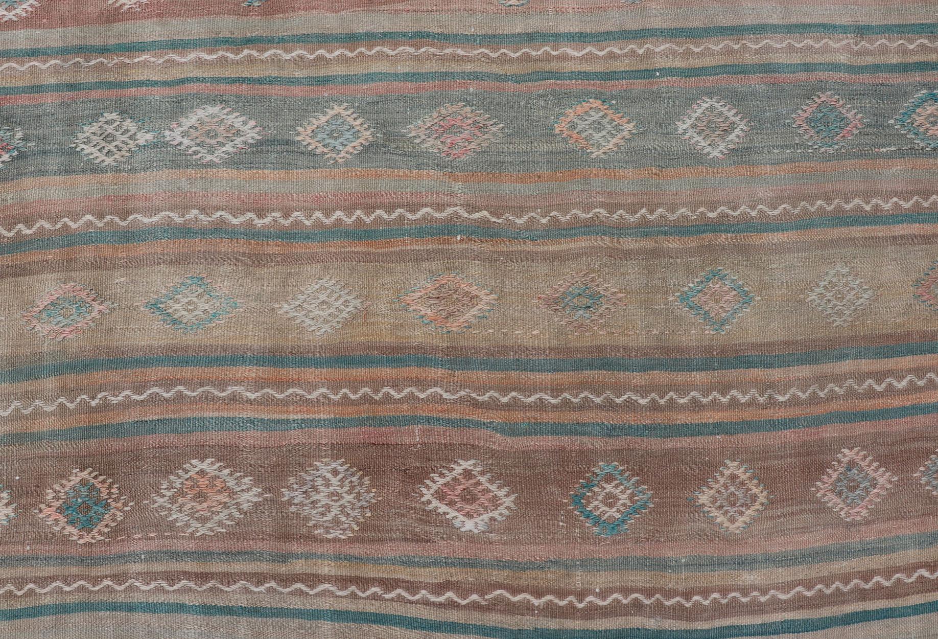 Vintage Long Colorful Kilim Gallery Rug with Stripe Design in Soft Colors For Sale 4