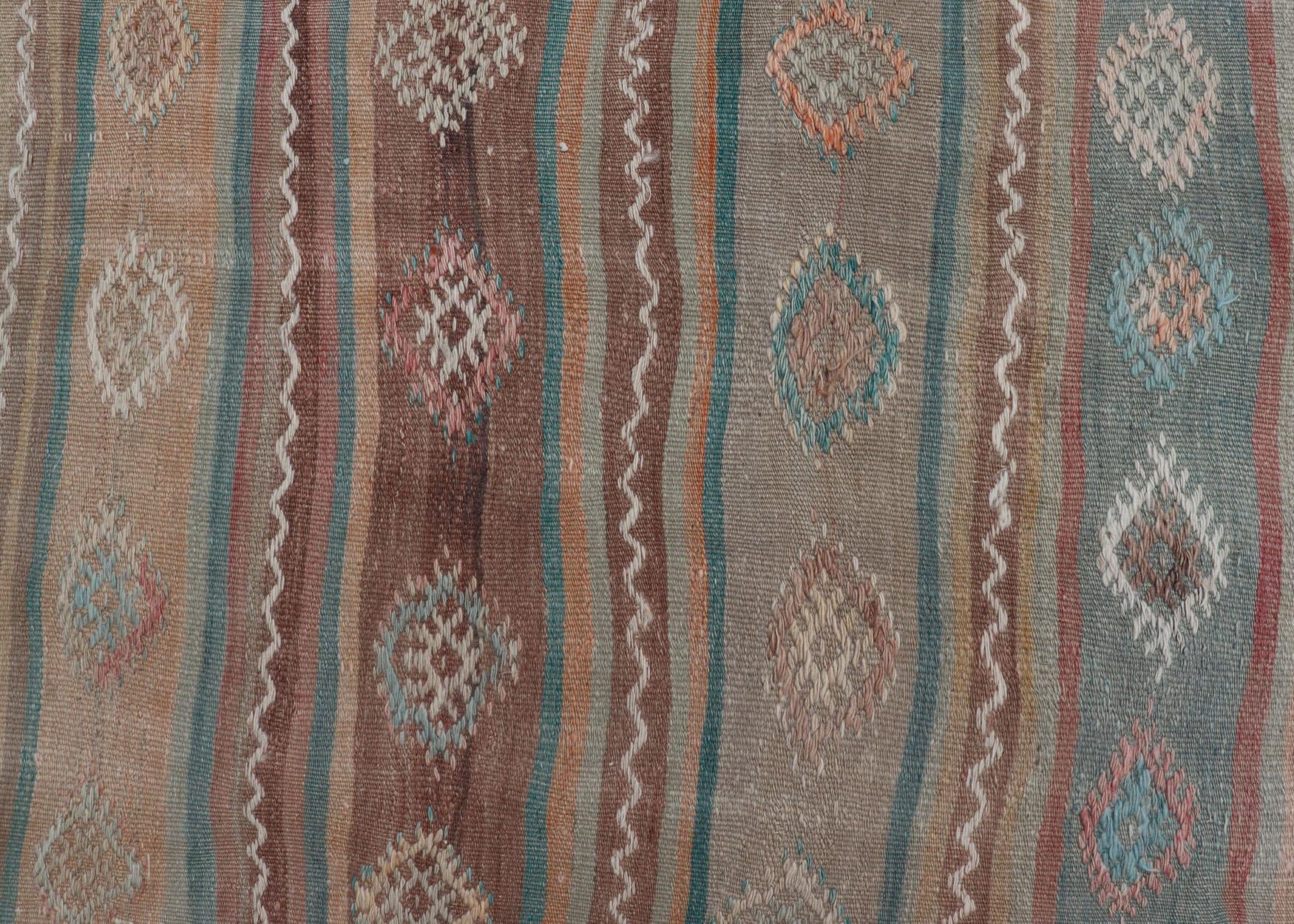 Turkish Vintage Long Colorful Kilim Gallery Rug with Stripe Design in Soft Colors For Sale