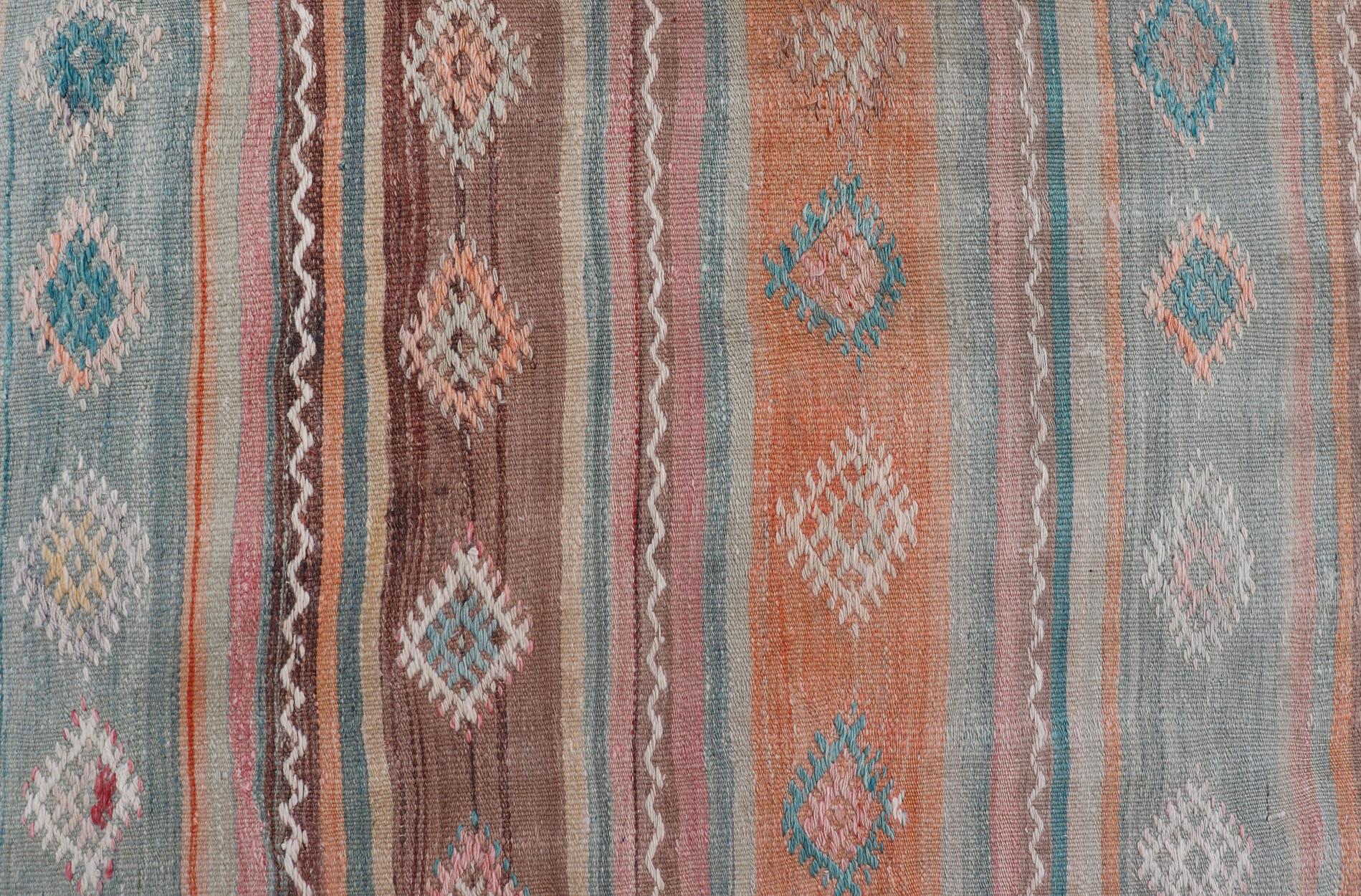 Hand-Woven Vintage Long Colorful Kilim Gallery Rug with Stripe Design in Soft Colors For Sale