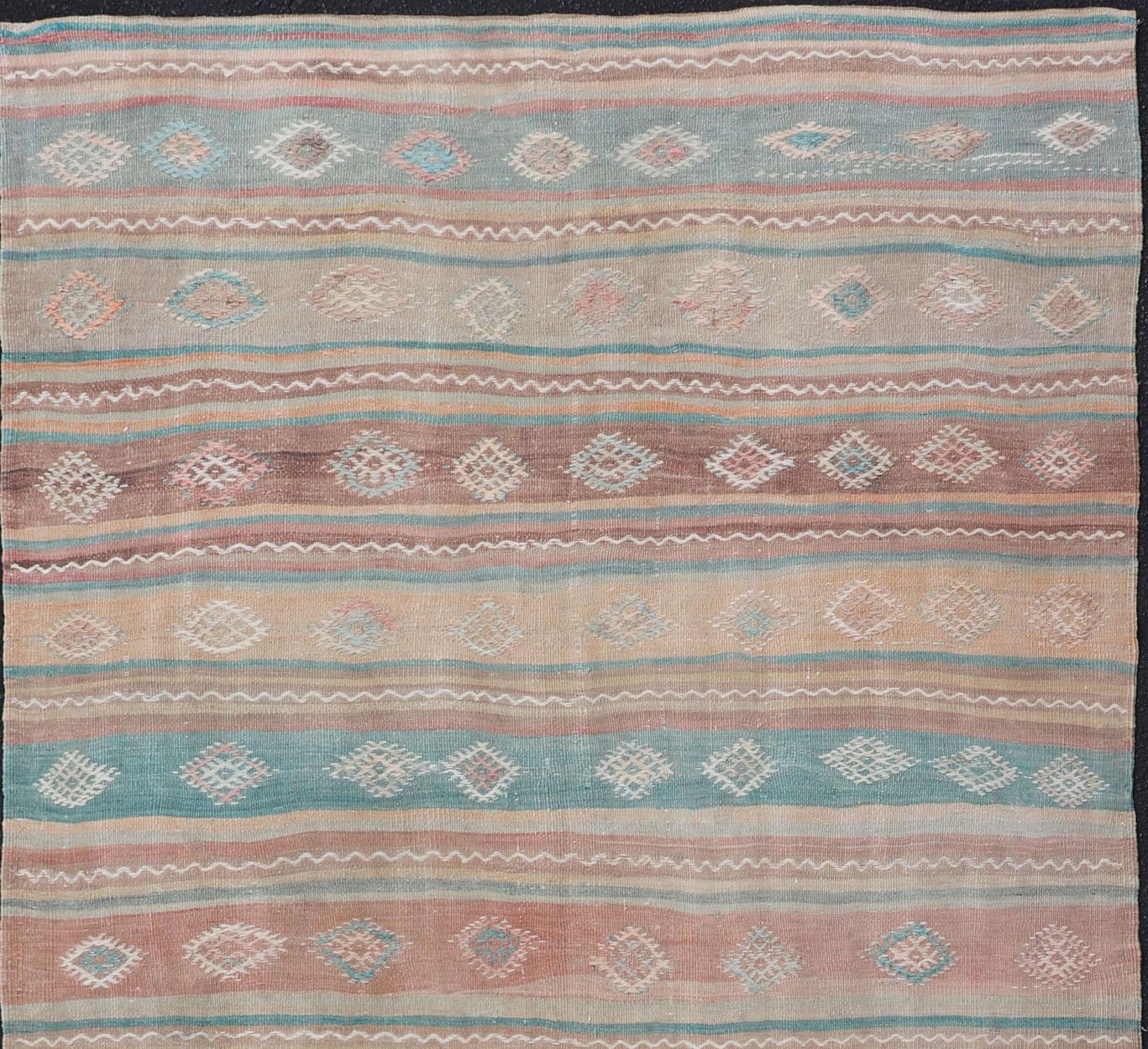 Vintage Long Colorful Kilim Gallery Rug with Stripe Design in Soft Colors In Excellent Condition For Sale In Atlanta, GA