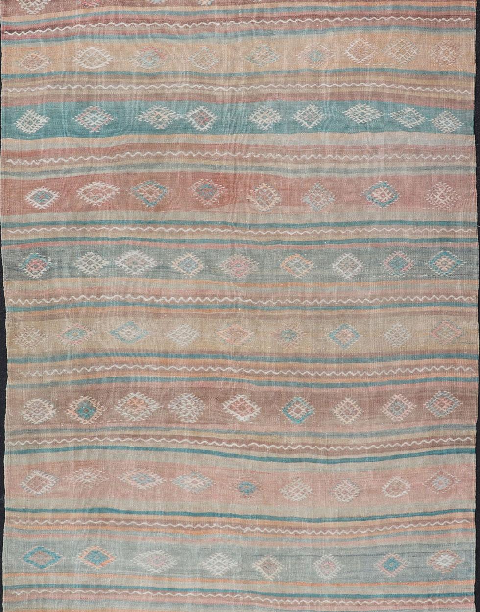 20th Century Vintage Long Colorful Kilim Gallery Rug with Stripe Design in Soft Colors For Sale