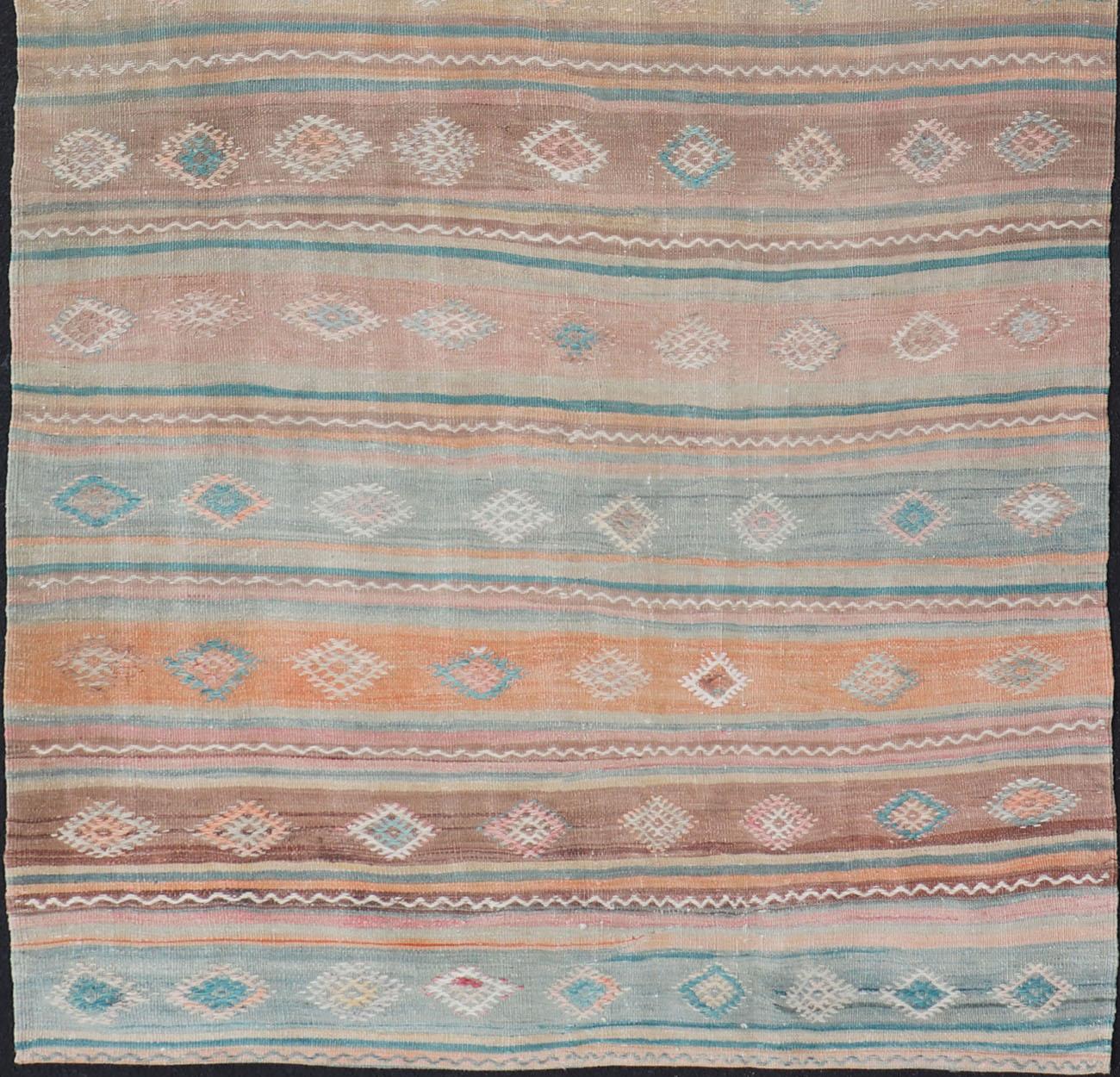 Wool Vintage Long Colorful Kilim Gallery Rug with Stripe Design in Soft Colors For Sale