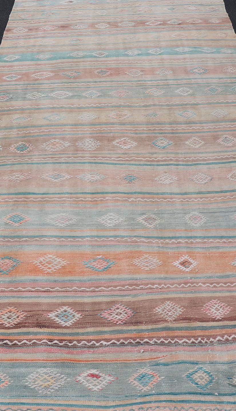 Vintage Long Colorful Kilim Gallery Rug with Stripe Design in Soft Colors For Sale 2
