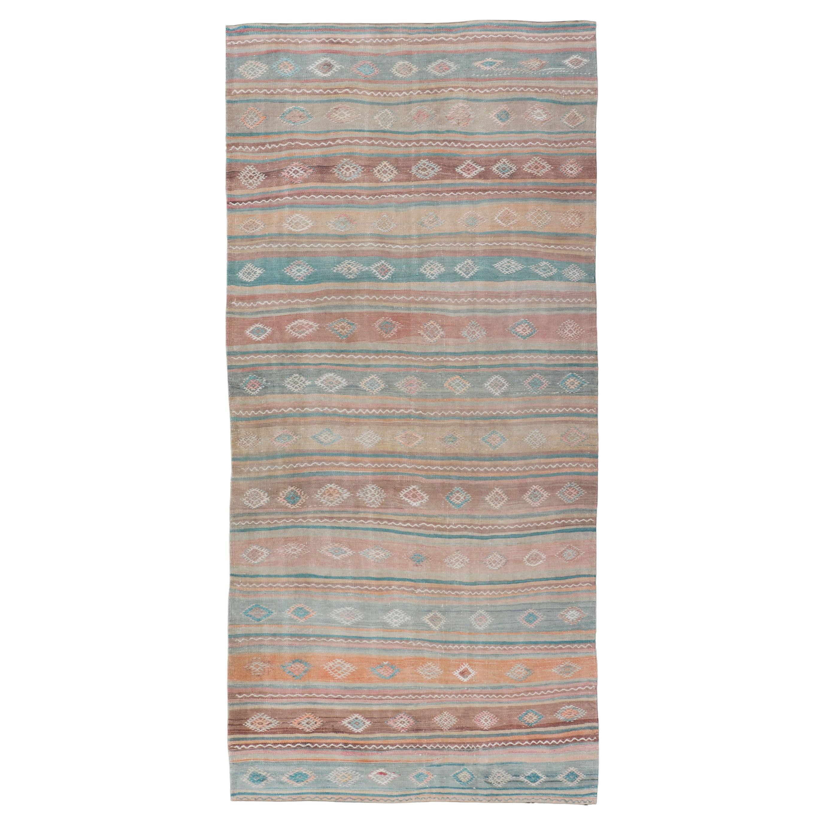 Vintage Long Colorful Kilim Gallery Rug with Stripe Design in Soft Colors