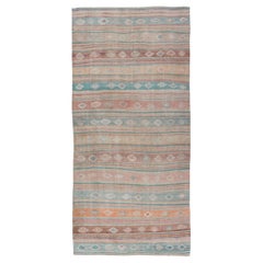 Vintage Long Colorful Kilim Gallery Rug with Stripe Design in Soft Colors