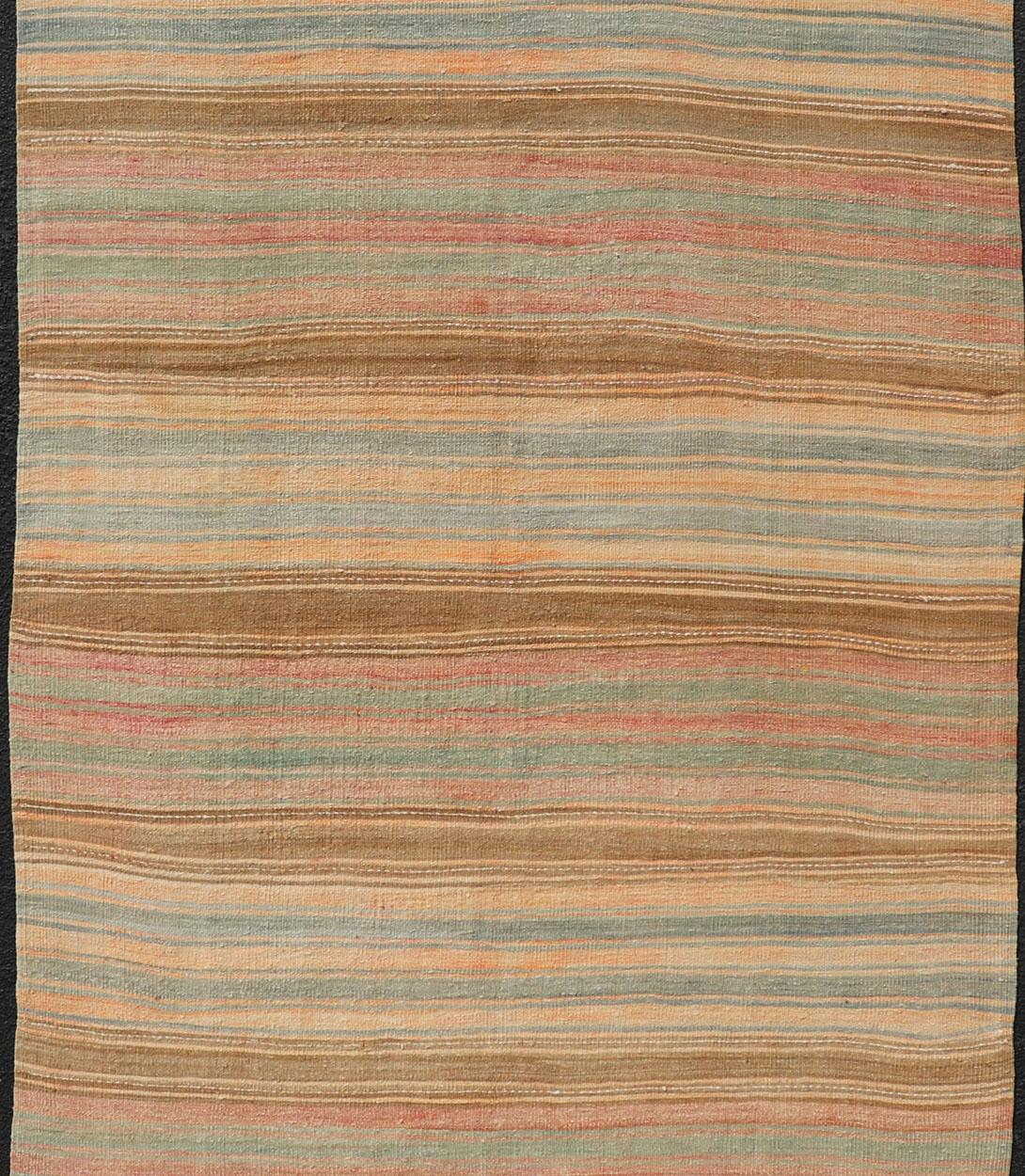 Hand-Woven Vintage Long Colorful Kilim Gallery Runner with Stripe Design in Multi Colors For Sale