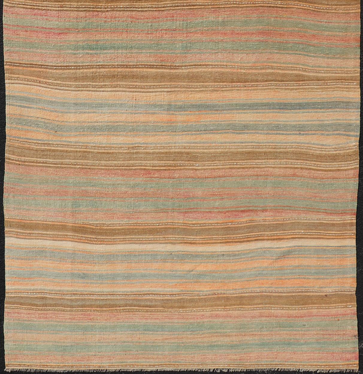 Vintage Long Colorful Kilim Gallery Runner with Stripe Design in Multi Colors In Good Condition For Sale In Atlanta, GA
