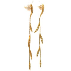 Vintage Long Dangle Drop Diamond Gold Leaf Design Earrings