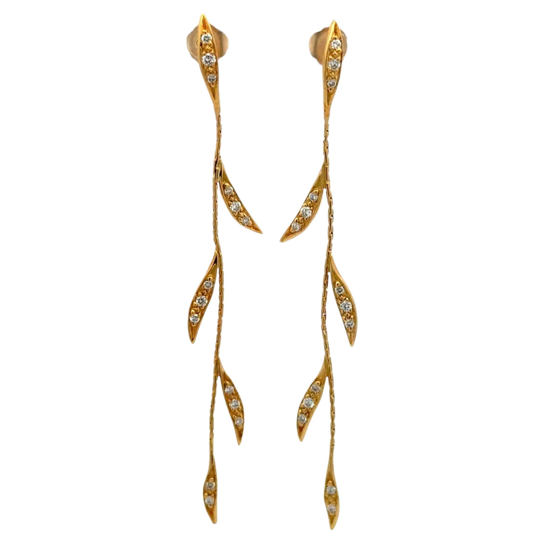 Vintage Long Dangle Drop Diamond Gold Leaf Design Earrings