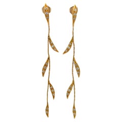 Vintage Long Dangle Drop Diamond Gold Leaf Design Earrings