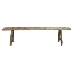 Vintage Long Elm Wood Skinny Bench with Aged Patina