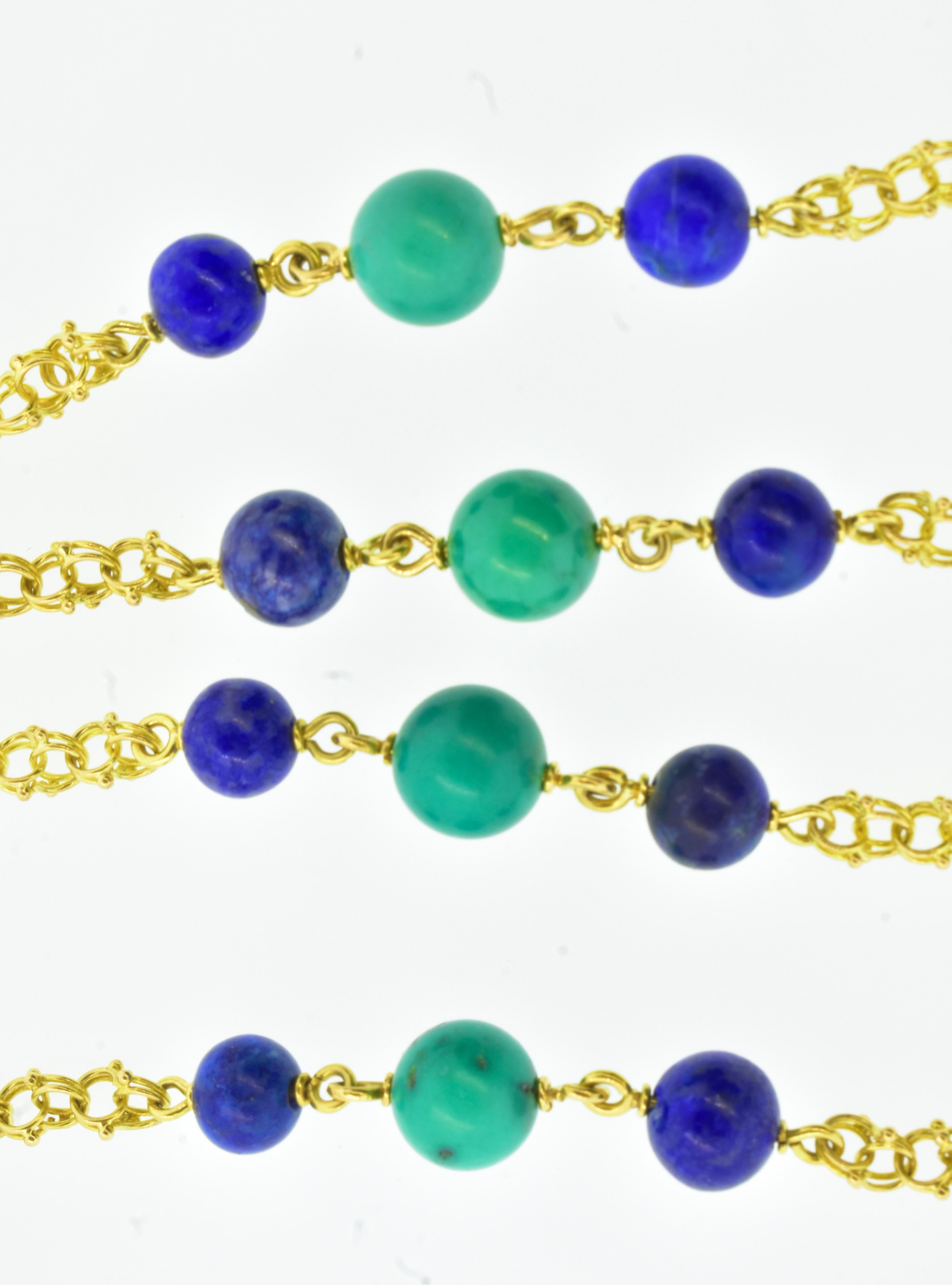 Women's or Men's Vintage Long Gold Chain interspersed with Lapis and Turquoise, c. 1960