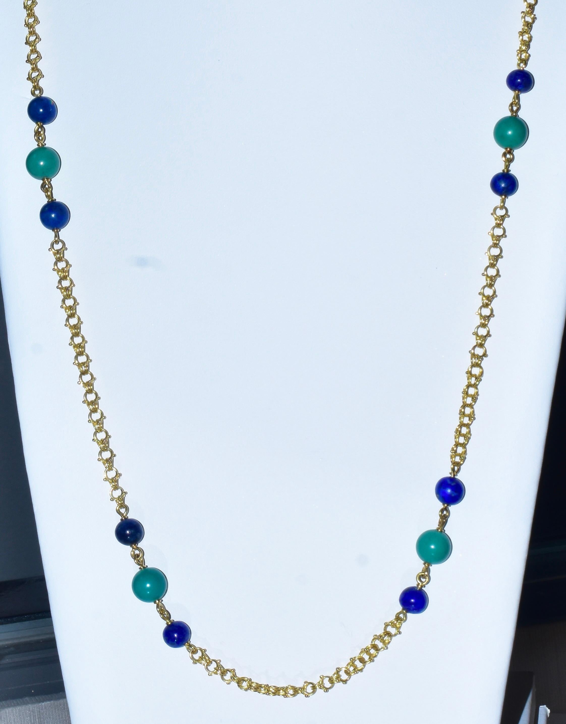 Vintage Long Gold Chain interspersed with Lapis and Turquoise, c. 1960 1