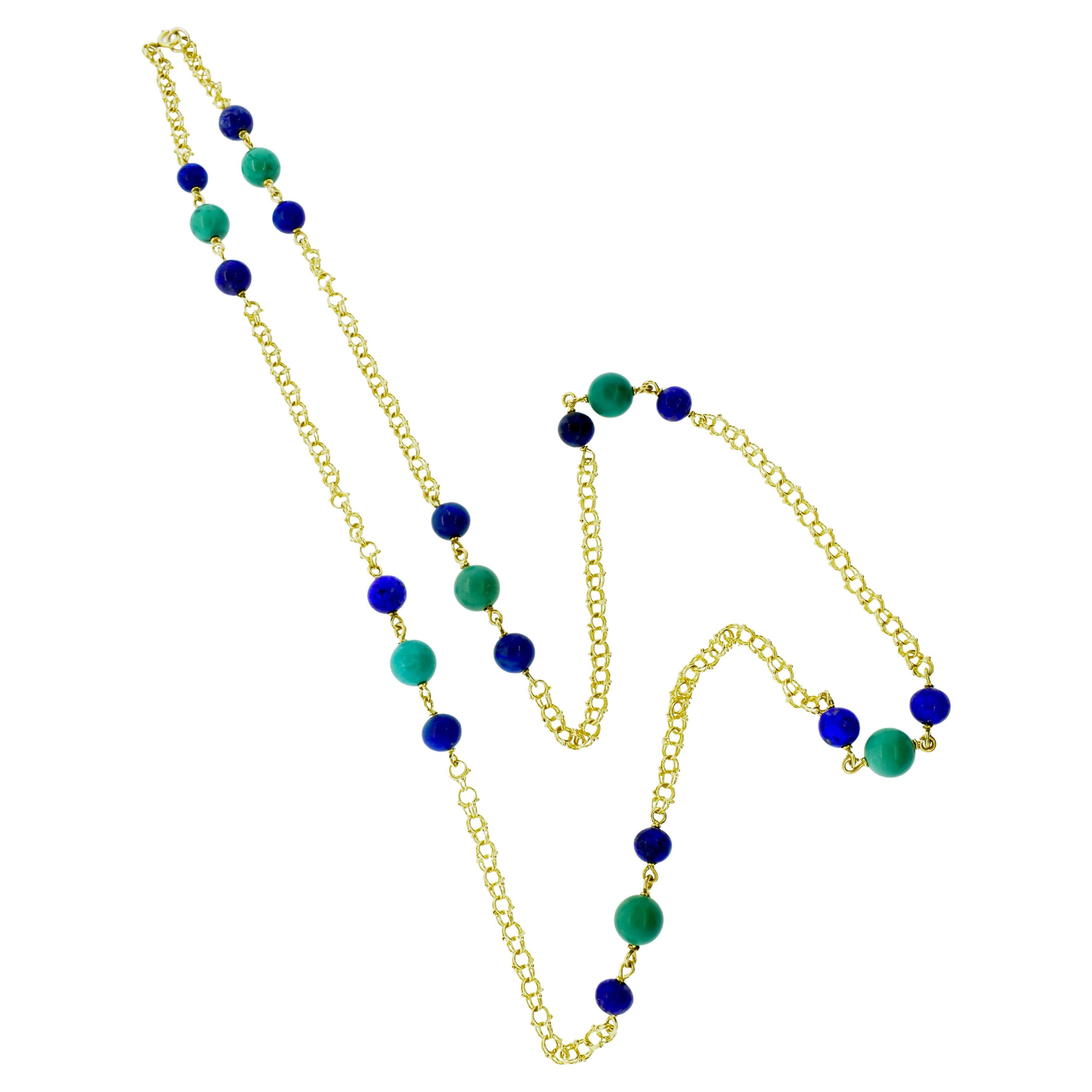 Vintage Long Gold Chain interspersed with Lapis and Turquoise, c. 1960 In Excellent Condition In Aspen, CO