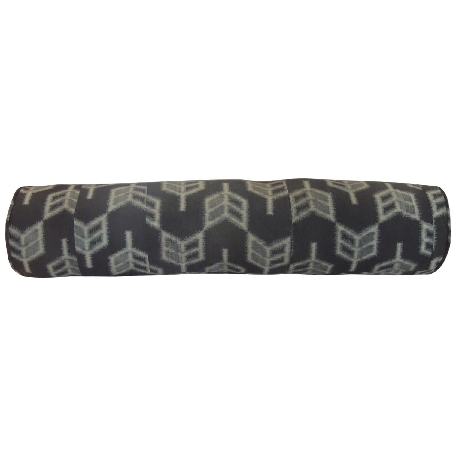 Grey and Blue Japanese Silk Floral Obi Decorative Bolster Pillow at