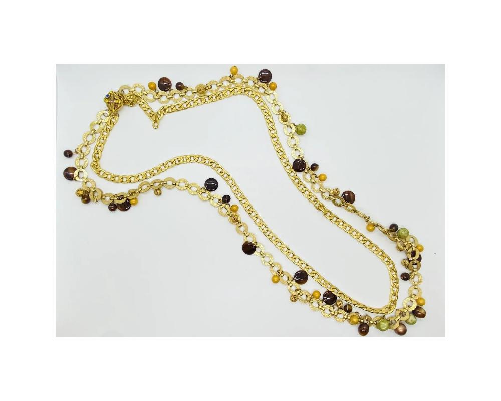 Vintage Long Miriam Haskell Double Strand Glass Necklace 
This necklace is in great condition there is one rhinestone missing from the claps its a yellow one please see photos 
The necklace is approximately 18 inches long it's in great condition