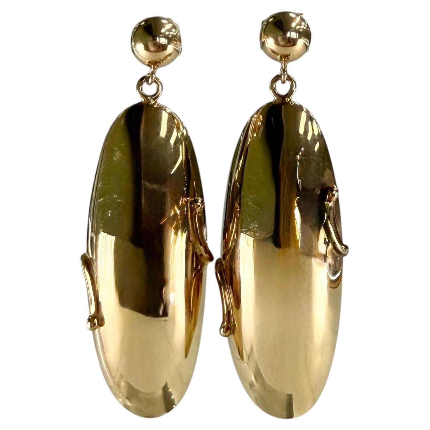 Vintage Long Oval Dangling Earrings 14k Yellow Gold